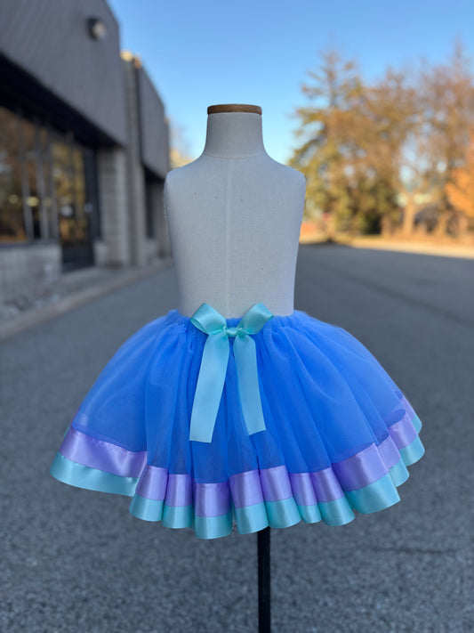 Ribbon trim tutu - Blue base with lavender and aqua ribbon.