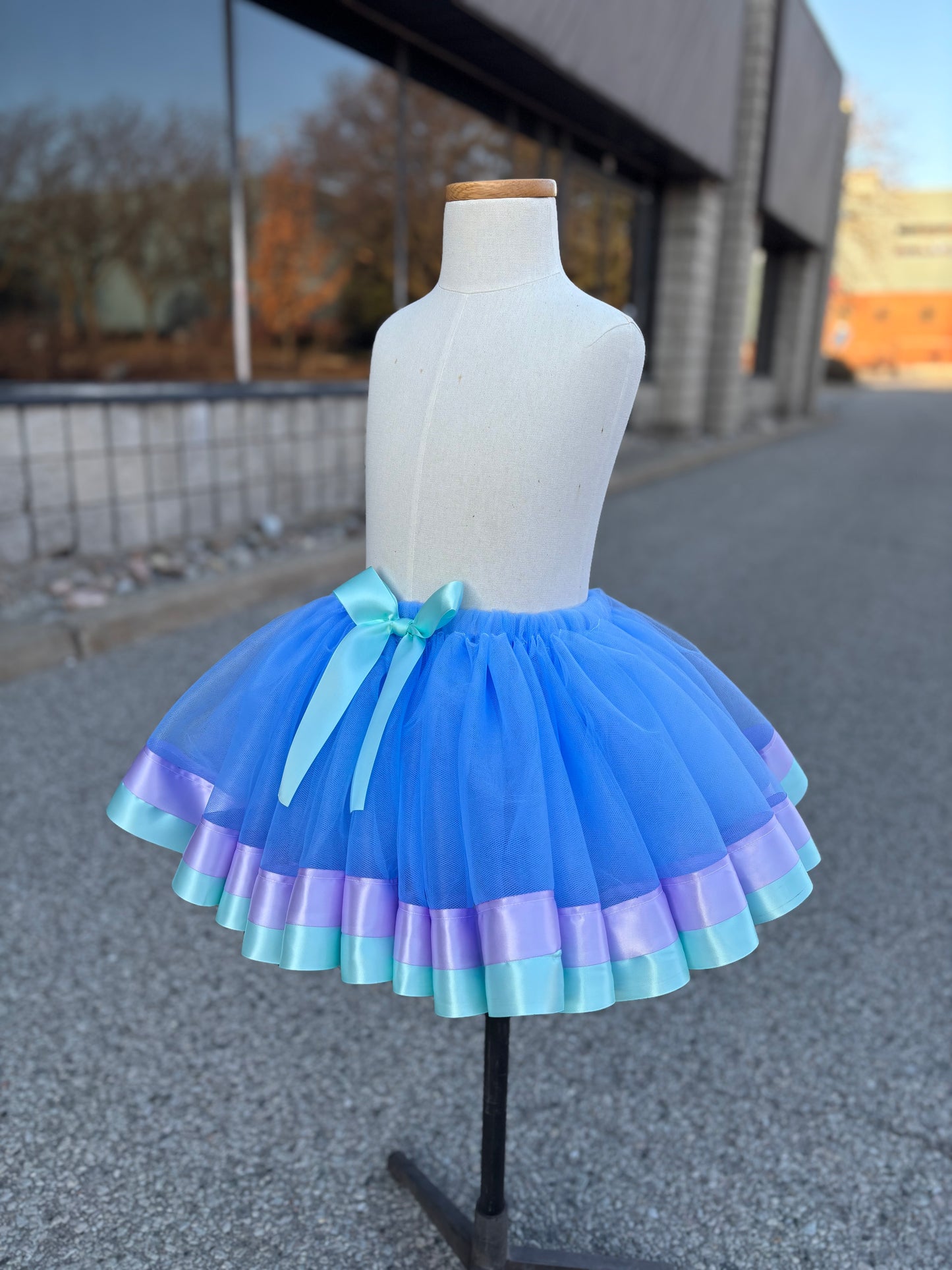 Ribbon trim tutu - Blue base with lavender and aqua ribbon.